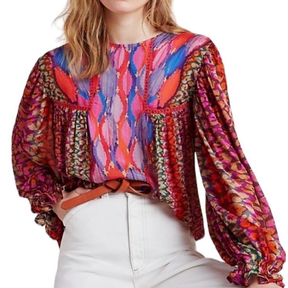 Anthropologie Tops - Anthropologie BI-nk Miranda Peasant Blouse Abstract Leopard Watercolor Size XS